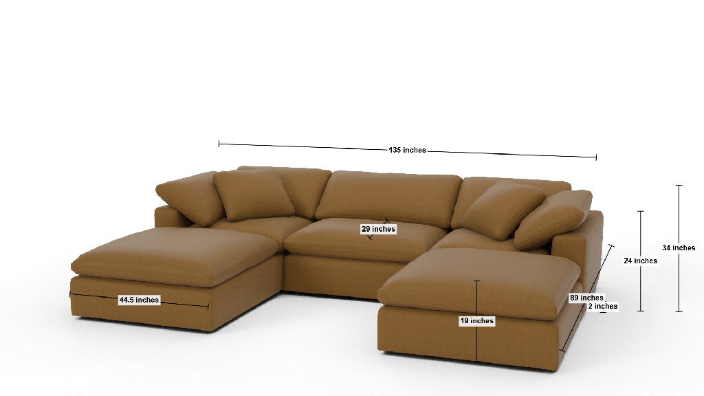 Fluffy 133.5" 3 Piece Sofa W/Double Ottoman - Dimensions