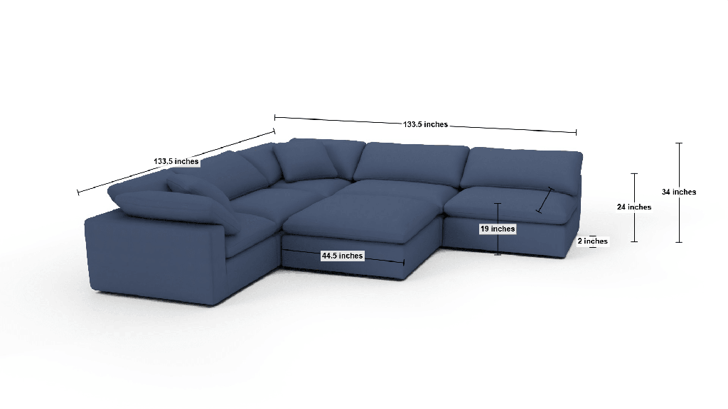 Fluffy 133.5" 5 Piece Sectional W/Ottoman - Dimensions