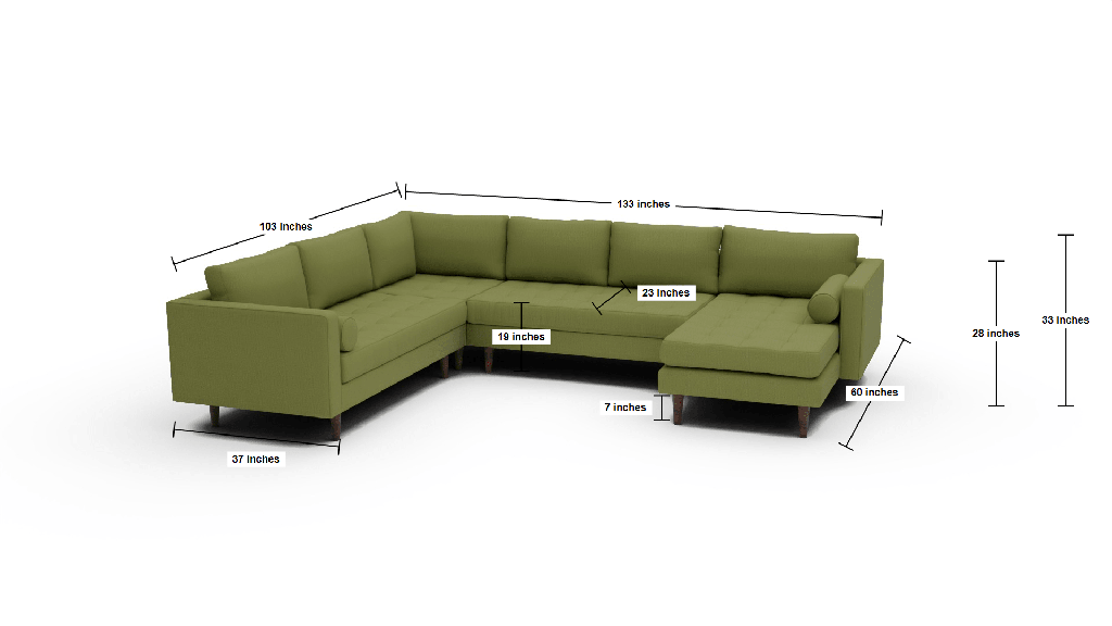 Ladybird 133" Corner Sectionals w. Right Chaise - Dimensions