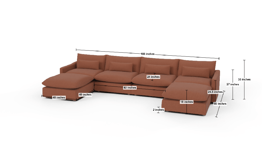Bouldin 166" Sofa W. Double Ottomans - Dimensions