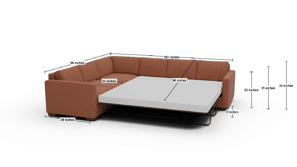 Track 121" Left Corner Sectional With Raf Sleeper Sectional - Dimensions
