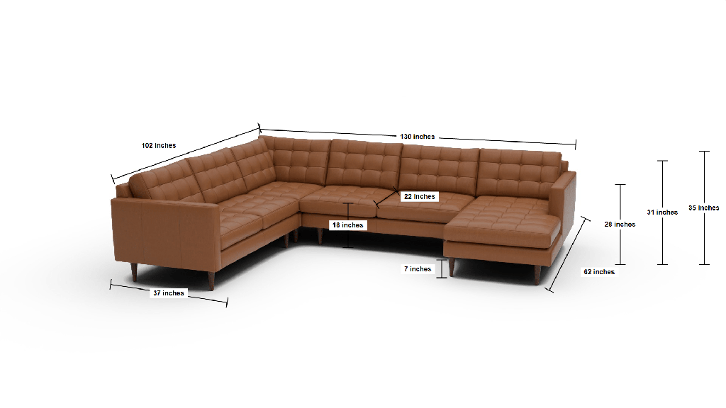 Wallace 130" Leather Corner Sectionals w. Right Chaise - Dimensions