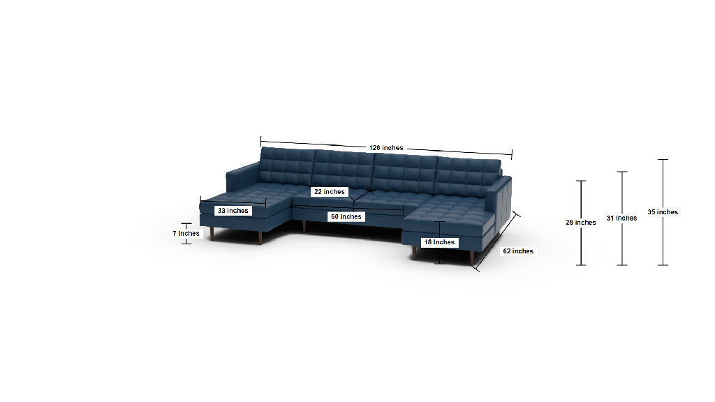 Wallace 126" Leather Double Chaise U Sectional - Dimensions