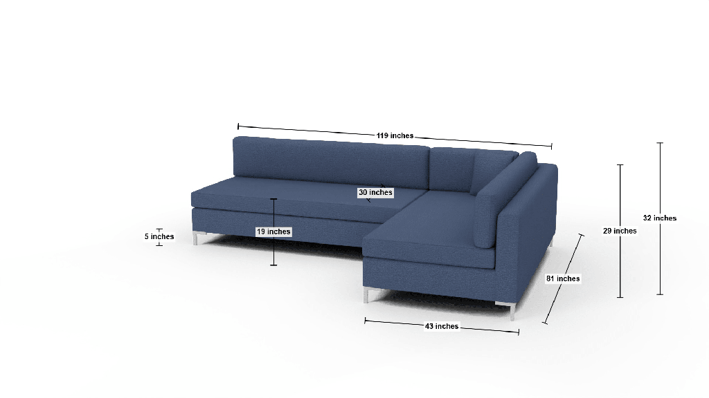 Bonnell 119" Right Corner Armless Sectional - Dimensions