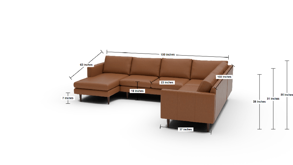 Wallace 130" Leather Untufted Corner Sectionals w. Left Chaise - Dimensions