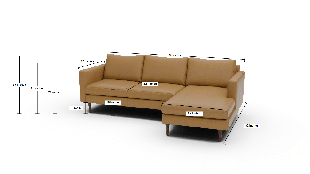 Wallace 98" Leather Untufted Right Chaise Sectional - Dimensions