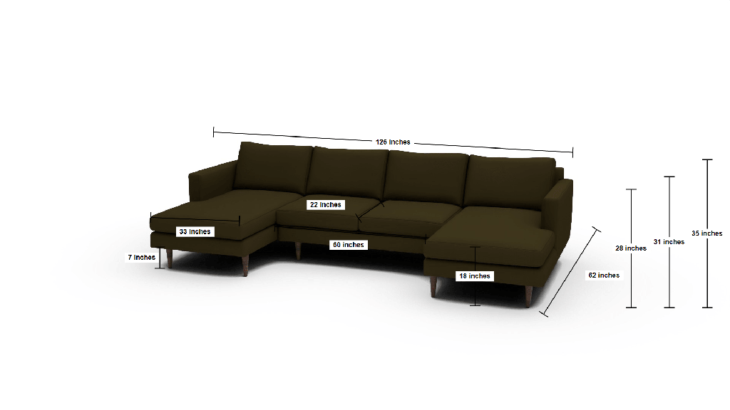 Wallace 126" Untufted Double Chaise U Sectional - Dimensions