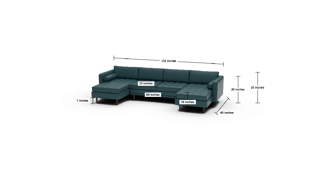 Ladybird 132" Leather Double Chaise with Armless Loveseat - Dimensions