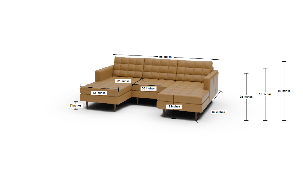 Wallace 96" Leather Double Chaise With Armless Chair - Dimensions
