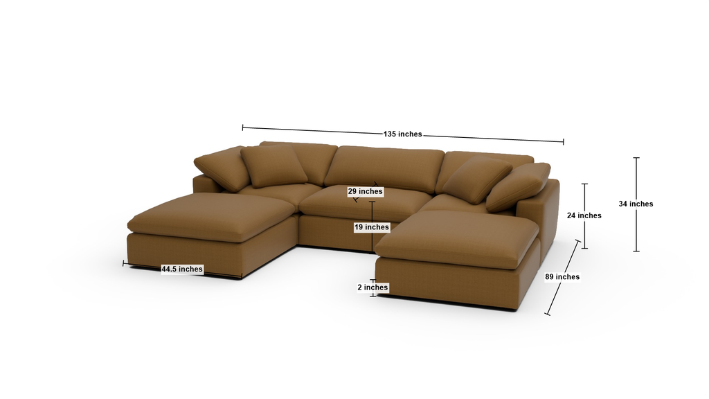 Fluffy DB 133.5" 3 Piece Sofa W/Double Ottoman - Dimensions